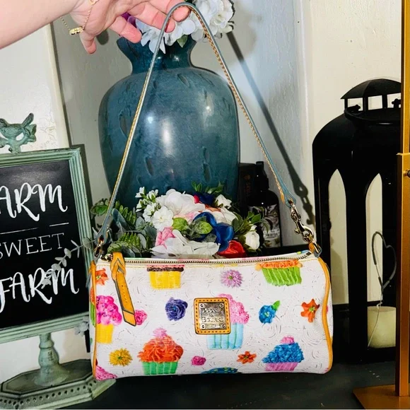 Dooney & Bourke Colorful Cupcake Barrel Bag white & tan leather silver EUC - Picture 1 of 16